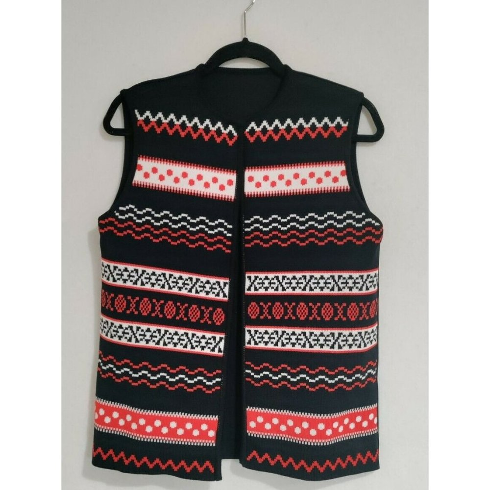 VTG Hippie Boho Mod Women's Long Open Vest Geometric Groovy Knitted Stretch Med